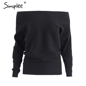 Simplee Off shoulder sexy elastic knitting pullover female Bat long sleeve knitted sweater women Fashion jumper pull knit shirt