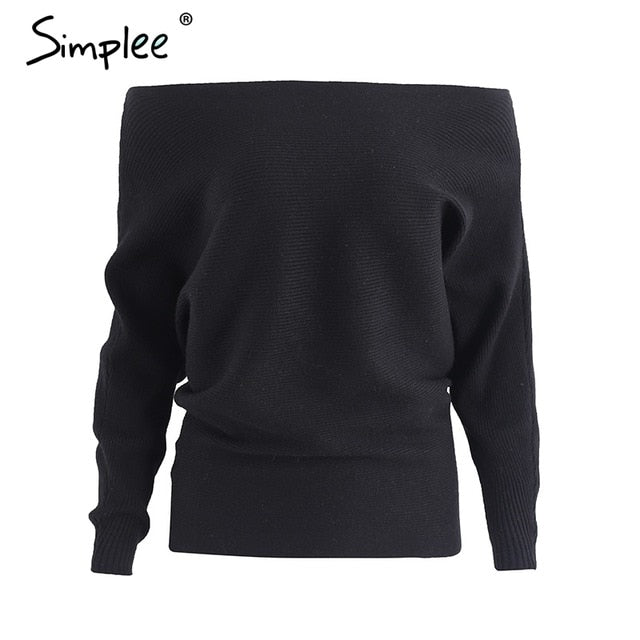 Simplee Off shoulder sexy elastic knitting pullover female Bat long sleeve knitted sweater women Fashion jumper pull knit shirt